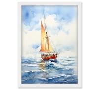 Artery8 Orange Sailing Boat Watercolour Painting Bathroom Artwork Sail at Sea Seascape Artwork Framed Wall Art Print A4