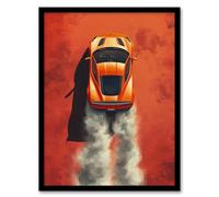 Artery8 Orange Sports Car Drawing Fumes Speed Petrolhead For Living Room Artwork Framed Wall Art Print 18X24 Inch