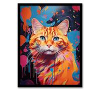 Artery8 Orange Tabby Cat Lover Gift Pet Portrait Abstract Pink Blue Artwork Painting Artwork Framed Wall Art Print 18X24 Inch