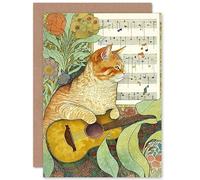 Artery8 Orange Tabby Cat with Guitar and Sheet Music in Floral Art Nouveau Pattern Art Birthday Sealed Greeting Card Plus Envelope Blank inside