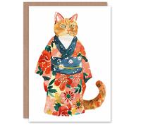 Artery8 Orange Tabby Floral Kimono Cat Lover Watercolour Blank For Him Or Her Art Birthday Card