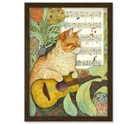 Orange Tubby Cat with Guitar and Sheet Music in Floral Art Nouveau Pattern Artwork Framed Wall Art Print A4 Artery8 Brown One Size