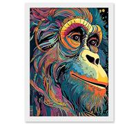 Artery8 Orangutan Ape Acrylic Painting Colourful Psychedelic Colours Rainforest Orange Teal Artwork Framed Wall Art Print A4