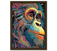 Artery8 Orangutan Ape Acrylic Painting Colourful Psychedelic Colours Rainforest Orange Teal Artwork Framed Wall Art Print A4