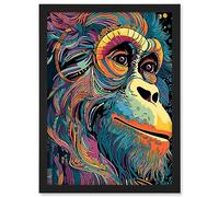 Artery8 Orangutan Ape Acrylic Painting Colourful Psychedelic Colours Rainforest Orange Teal Artwork Framed A3 Wall Art Print