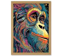 Artery8 Orangutan Ape Acrylic Painting Colourful Psychedelic Colours Rainforest Orange Teal Artwork Framed Wall Art Print A4