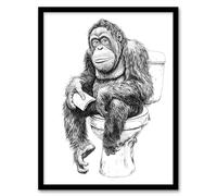 Artery8 Orangutan Ape On Toilet Funny Black White Drawing Bathroom Toilet Artwork Framed Wall Art Print 18X24 Inch
