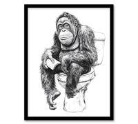 Artery8 Orangutan Ape On Toilet Funny Black White Drawing Framed Art Print | Size: A4 Artery8 White A4