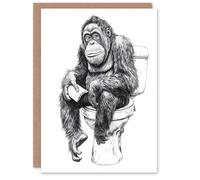 Artery8 Greeting Card Orangutan Ape On Toilet Funny Black White Drawing Blank For Him Or Her Art Birthday Card