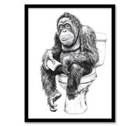 Artery8 Orangutan Ape On Toilet Funny Black White Drawing Bathroom Toilet Artwork Framed Wall Art Print A4