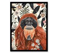 Artery8 Orangutan in Floral Jungle Bright Watercolour Living Room Artwork Framed Wall Art Print A4