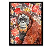 Artery8 Orangutan with Red Blooming Flowers Watercolour Living Room Artwork Framed Wall Art Print A4