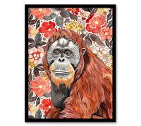 Artery8 Orangutan with Red Blooming Flowers Watercolour Living Room Artwork Framed Wall Art Print A4