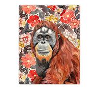 Artery8 Orangutan with Red Blooming Flowers Watercolour Wall Art Print | Size: W12" x H16" Artery8 Multicolor W12" x H16"