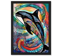 Artery8 Orca Jumping Out Of Sunset Colour Waves Folk Art Artwork Framed A3 Wall Art Print