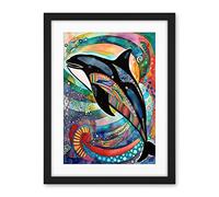Artery8 Orca Jumping Out Of Sunset Colour Waves Folk Art Artwork Framed Wall Art Print 18X24 Inch