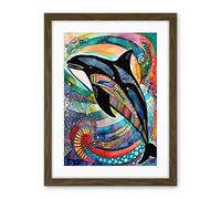 Artery8 Orca Jumping Out Of Sunset Colour Waves Folk Art Artwork Framed Wall Art Print 18X24 Inch