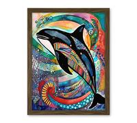 Artery8 Orca Jumping Out Of Sunset Colour Waves Folk Art Artwork Framed Wall Art Print 18X24 Inch