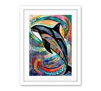 Artery8 Orca Jumping Out Of Sunset Colour Waves Folk Art Artwork Framed Wall Art Print 18X24 Inch