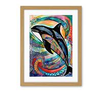 Artery8 Orca Jumping Out Of Sunset Colour Waves Folk Art Artwork Framed Wall Art Print 18X24 Inch