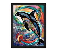 Artery8 Orca Jumping Out Of Sunset Colour Waves Folk Art Artwork Framed Wall Art Print 18X24 Inch