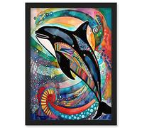 Artery8 Orca Jumping Out Of Sunset Colour Waves Folk Art Artwork Framed Wall Art Print A4