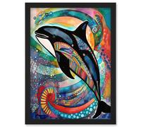 Artery8 Orca Jumping Out Of Sunset Colour Waves Folk Art Artwork Framed Wall Art Print A4