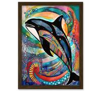 Artery8 Orca Jumping Out Of Sunset Colour Waves Folk Art Artwork Framed Wall Art Print A4