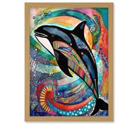 Artery8 Orca Jumping Out Of Sunset Colour Waves Folk Art Artwork Framed Wall Art Print A4