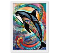 Artery8 Orca Jumping Out Of Sunset Colour Waves Folk Art Artwork Framed Wall Art Print A4