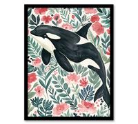 Orca Killer Whale Flower Sea Watercolour Floral Framed Wall Art Artery8 Multi A4