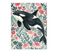 Artery8 Orca Killer Whale Flower Sea Watercolour Floral Wall Art Print | Size: W12" x H16" Artery8 Multicolor W12" x H16"
