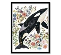 Artery8 Orca Killer Whale with Wildflowers Bright Floral Framed Wall Art | Size: W12" x H16" Artery8 Multicolor W12" x H16"