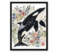 Artery8 Orca Killer Whale with Wildflowers Bright Floral Living Room Artwork Framed Wall Art Print A4