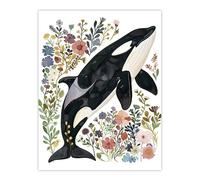 Artery8 Orca Killer Whale with Wildflowers Bright Floral Wall Art Print | Size: W12" x H16" Artery8 Multicolor W12" x H16"