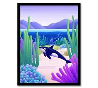 Orca Whale Coastal Coral Reef Underwater Scene Framed Art Print Artery8 Purple A4