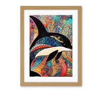 Artery8 Orca With Decorative Motifs Folk Art Artwork Framed Wall Art Print 18X24 Inch