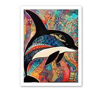 Artery8 Orca With Decorative Motifs Folk Art Artwork Framed Wall Art Print 18X24 Inch