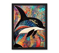 Artery8 Orca With Decorative Motifs Folk Art Artwork Framed Wall Art Print 18X24 Inch