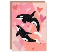 Artery8 Orcas in Modern Abstract Pastel Pink Love Hearts Valentine's Day Card