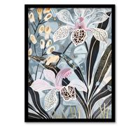 Artery8 Orchid Flowers Artwork Exotic Dark Floral Bloom Framed Art Print in Blue | Size: A4 Artery8 Blue A4