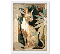 Artery8 Oriental Shorthair Cat Botanical Pattern Fur and Plants Modern Art Nouveau Watercolour Illustration Artwork Framed Wall Art Print A4
