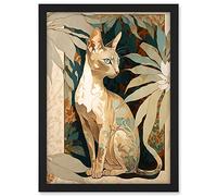 Artery8 Oriental Shorthair Cat Botanical Pattern Fur and Plants Modern Art Nouveau Watercolour Illustration Artwork Framed A3 Wall Art Print
