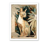 Artery8 Oriental Shorthair Cat Botanical Pattern Fur and Plants Modern Art Nouveau Watercolour Illustration Artwork Framed Wall Art Print 18X24 Inch