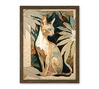 Artery8 Oriental Shorthair Cat Botanical Pattern Fur and Plants Modern Art Nouveau Watercolour Illustration Artwork Framed Wall Art Print 18X24 Inch