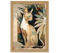 Artery8 Oriental Shorthair Cat Botanical Pattern Fur and Plants Modern Art Nouveau Watercolour Illustration Artwork Framed A3 Wall Art Print
