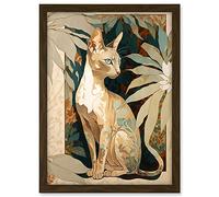 Artery8 Oriental Shorthair Cat Botanical Pattern Fur and Plants Modern Art Nouveau Watercolour Illustration Artwork Framed A3 Wall Art Print