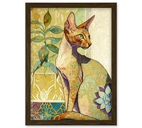 Artery8 Oriental Shorthair Cat with Art Nouveau Botanical Patterns Colourful Watercolour Illustration Artwork Framed Wall Art Print A4