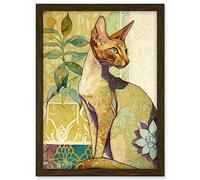 Artery8 Oriental Shorthair Cat with Art Nouveau Botanical Patterns Colourful Watercolour Illustration Artwork Framed A3 Wall Art Print