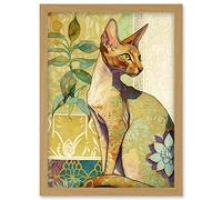 Artery8 Oriental Shorthair Cat with Art Nouveau Botanical Patterns Colourful Watercolour Illustration Artwork Framed Wall Art Print A4
